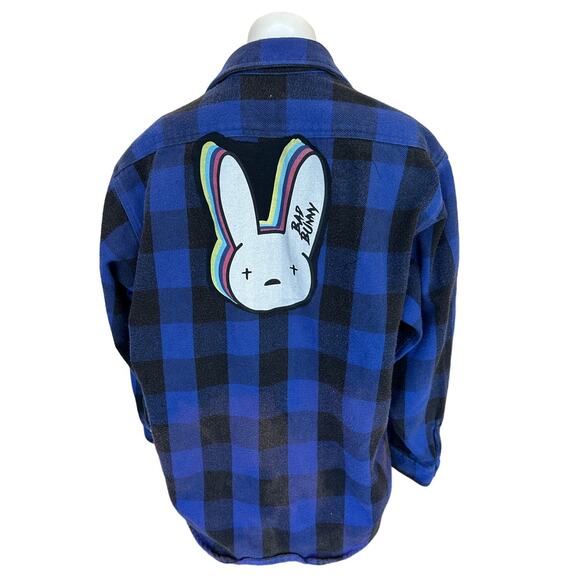 Bad Bunny Plaid Flannel Shirt Shacket LARGE Oversized Upcycled Unique Latin Trap - Picture 1 of 6